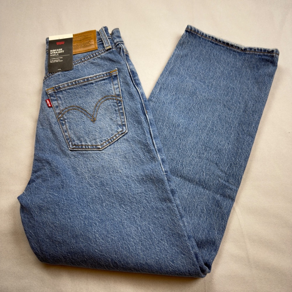 Levis Premium Ribcage Straight Ankle Jeans 25x27 Blue High Rise Button Fly NWT